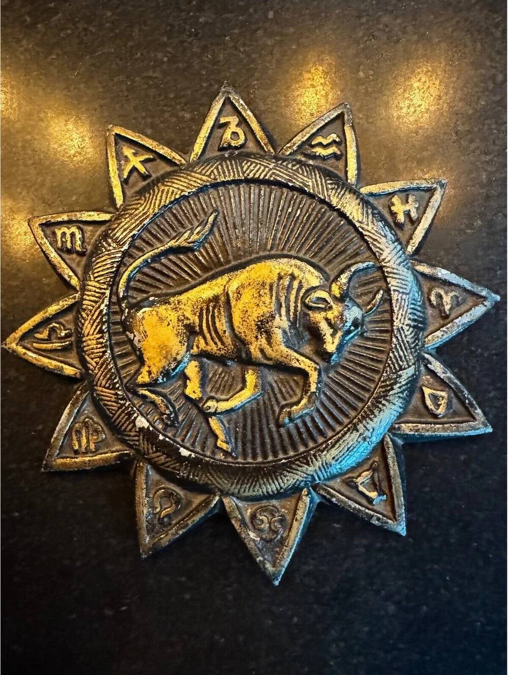 Vintage 1969 E. MESA Cast Aluminum Zodiac Sunburst Wall Plaque - TAURUS Bull